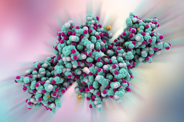 Molecular model of snake venom toxin convulxin found in a tropical rattlesnake Crotalus durissus terrificus, 3D illustration. This toxin causes blood clot formation after snake bite