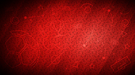 Red soccer background with different icons and football players pattern