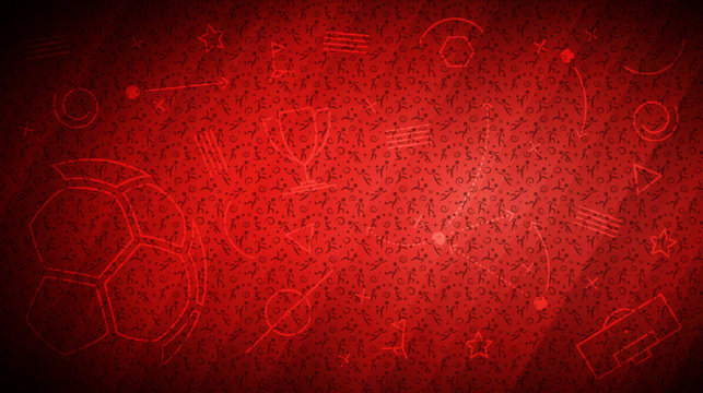 Red soccer background with different icons and football players pattern