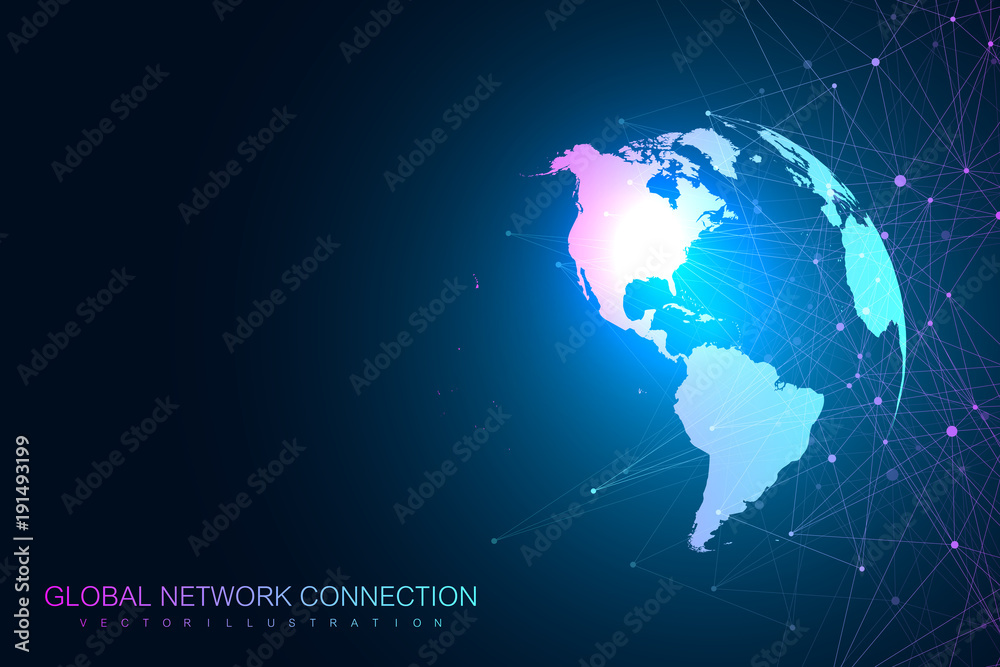 Aufkleber Global network with world map. Abstract vector infinite space background. Perspective backdrop. Digital data visualization. Vector illustration.