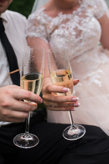 The bride and groom holding glasses with champagne. Wedding glasses
