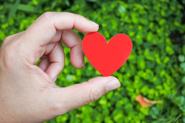 Hand with A Heart shaped paper on green leaf background. Love and romance in the upcoming Valentines Festival.