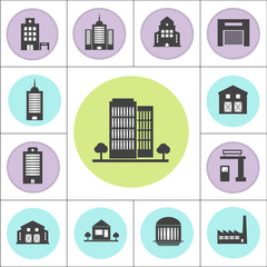 Variety of buildings isolated flat vector icon set