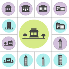 Variety of buildings isolated flat vector icon set