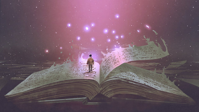 Boy standing on the opened giant book with fantasy light, digital art style, illustration painting