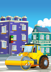 Cartoon road roller truck in the city - illustration for children