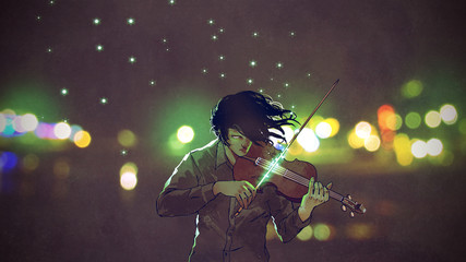 man playing magic violin in a night city outdoor, digital art style, illustration painting © grandfailure
