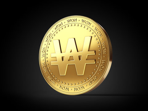 sign on golden coin isolated on black background. Realistic 3D rendering