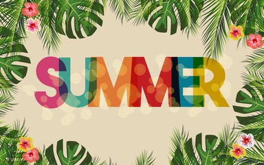 Hello Summer brand texture with botanical flora and palm leaves. Vector illustration.EPS 10