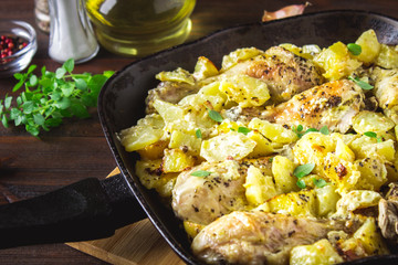 Roasted chicken leg with potatoes with caraway and garlic.