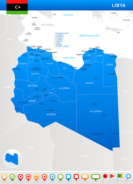 Libya - map, flag and navigation icons - Detailed Vector Illustration