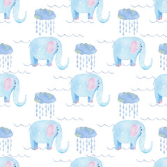 Cute elephant pattern. Seamless watercolor background with blue elephant cartoon character. Minimal baby or children print design. Girl nursery.