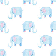 Materiał do szycia Cute elephant pattern. Seamless watercolor background with blue elephant cartoon character. Minimal baby or children print design. Girl nursery.