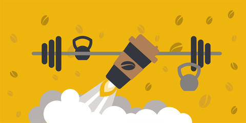 Coffee boost energy illustration with sports equipment background