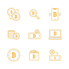 Bitcoin digital money exchange icon set, cryptocurrency system and mining pool. Modern vector icons yellow and grey