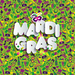 Bright illustration on seamless texture and sign Mardi gras. Carnival, paper style text.