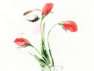Beautiful woman face and flower. Fashion illustration. 