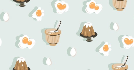 Hand drawn vector abstract modern cartoon cooking time fun illustrations icons seamless pattern with eggs,pudding and pot isolated on blue background