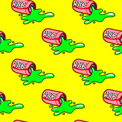 Soda drink can with words “Woke” seamless pattern. Yellow background with canned beverages (carbonated drinks). 