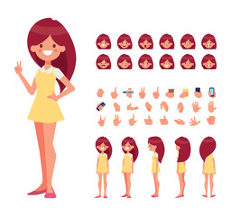 Front, side, back, 3/4 view animated character. Young girl character constructor with various views, face emotions, lip sync, poses and gestures. Cartoon style, flat vector illustration.