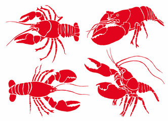 Graphical set of red crabs isolated on white background,vector sea-food illustration