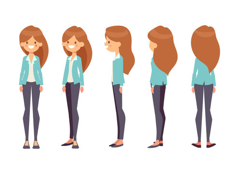 Young girl for animation. Front, side, back, 3/4 view character. Separate  parts of body. Cartoon style, flat vector illustration. Stock Vector |  Adobe Stock