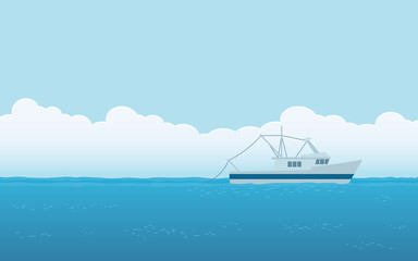 fishing boat in flat icon design with blue sky background
