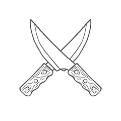 Hand Drawn Crossed Kitchen Knives. Vector