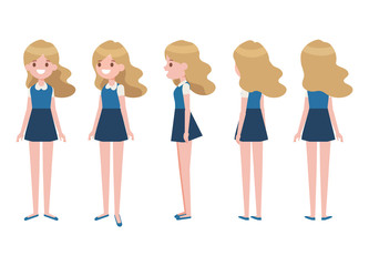 Pretty girl for animation. Front, side, back, 3/4 view character. Separate parts of body. Cartoon style, flat vector illustration.