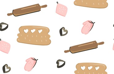 Hand drawn vector abstract modern cartoon cooking time fun illustrations icons seamless pattern with cooking equipment,cakes and food isolated on white background