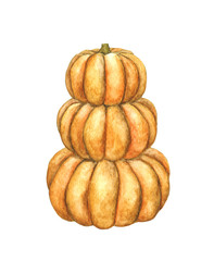 Three stacked pumpkins. Hand drawn watercolor painting on white background.