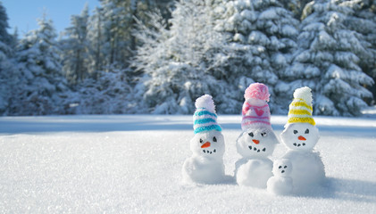 Schneemänner mit bunten Strickmützen