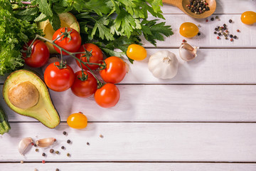 Healthy food on white wooden floor