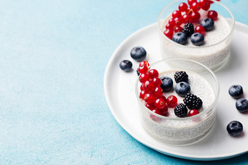 Chia seed pudding, cheesecake, custard dessert
