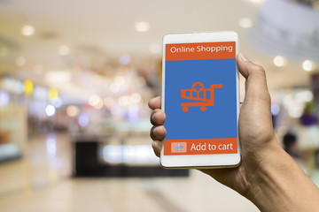 Woman hand using smart phone to shopping at online store in blurred mall background. Shopping and ecommerce concept.