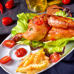 fried chicken with chips and salad