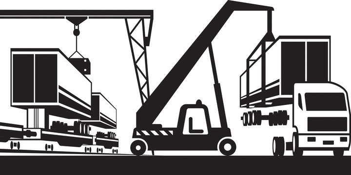 Crane moves container from truck to carriage - vector illustration