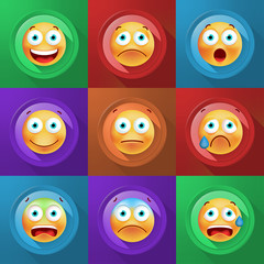 Fototapeta premium Set of Cute Emoticons on Color Button on Color Background . Isolated Vector Illustration 