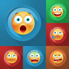 Set of Cute Emoticons on Color Button on Color Background . Isolated Vector Illustration 