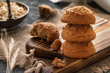 Oatmeal cookies closeup, morning breakfast, still life with bisc