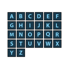 Flat alphabet tiles set. Dark colour theme. Every letter