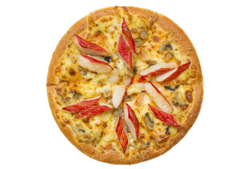 top view of Imitation crab stick pizza isolated on white background