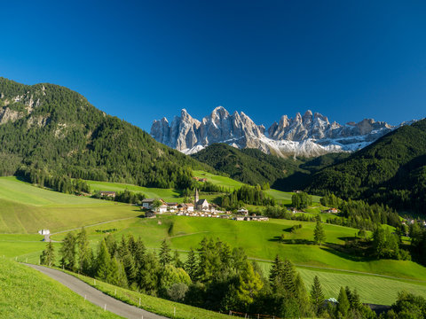 Santa Maddalena village in front of the Geisler or Odle Dolomites Group , Val di Funes, Italy, Europe. September, 2017