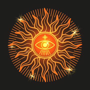 Esoteric mystery shiny sun sign on black background