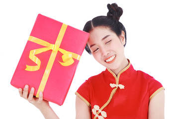 young woman holding red gift box in concept of happy chinese new year isolated on white background