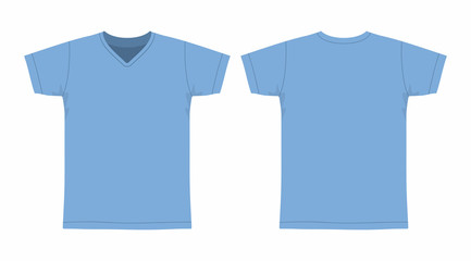 Front and back views of men's blue t-shirt on white background