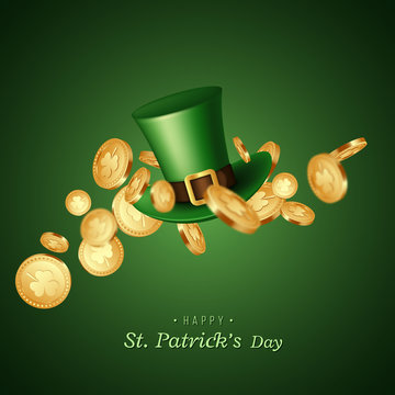 St. Patrick's Day card. Green leprechaun hat with coins. Greeting holiday design. Vector illustration.