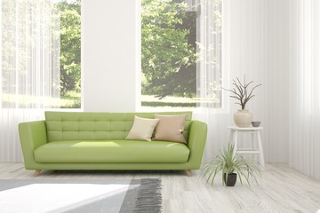 Idea of white room with sofa and summer landscape in window. Scandinavian interior design. 3D illustration