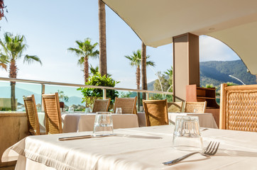 Served tables breakfast of the restaurant on the beach palm resort luxury vocation lunch