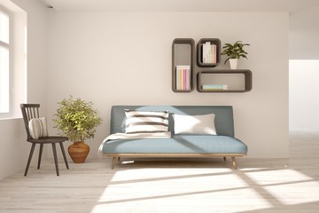 Idea of white minimalist room with sofa. Scandinavian interior design. 3D illustration